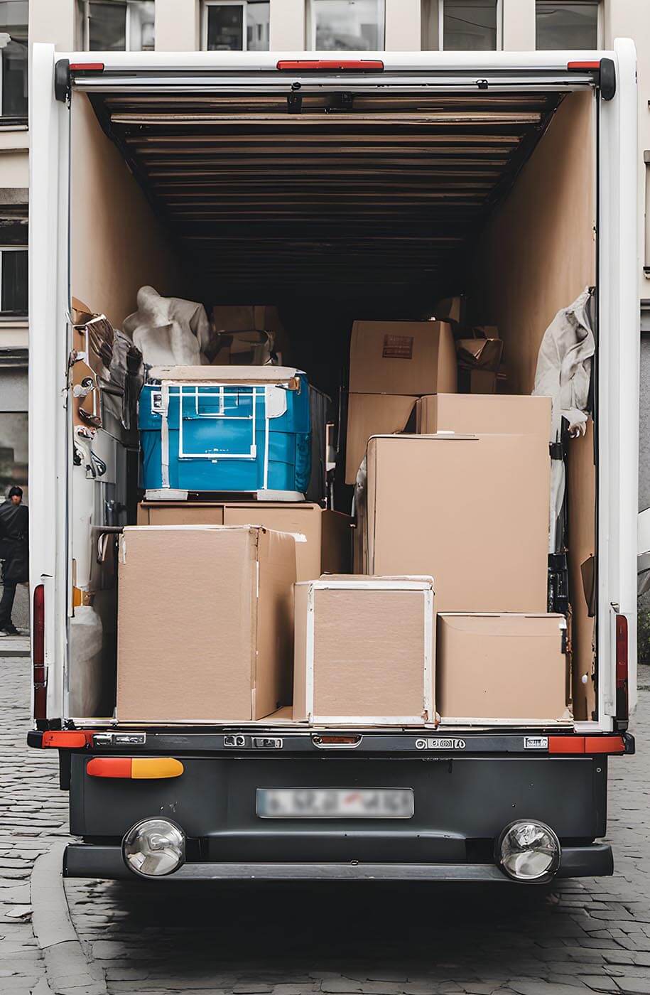 Voll beladener Umzugswagen vor Gebäude in Berlin wird entladen